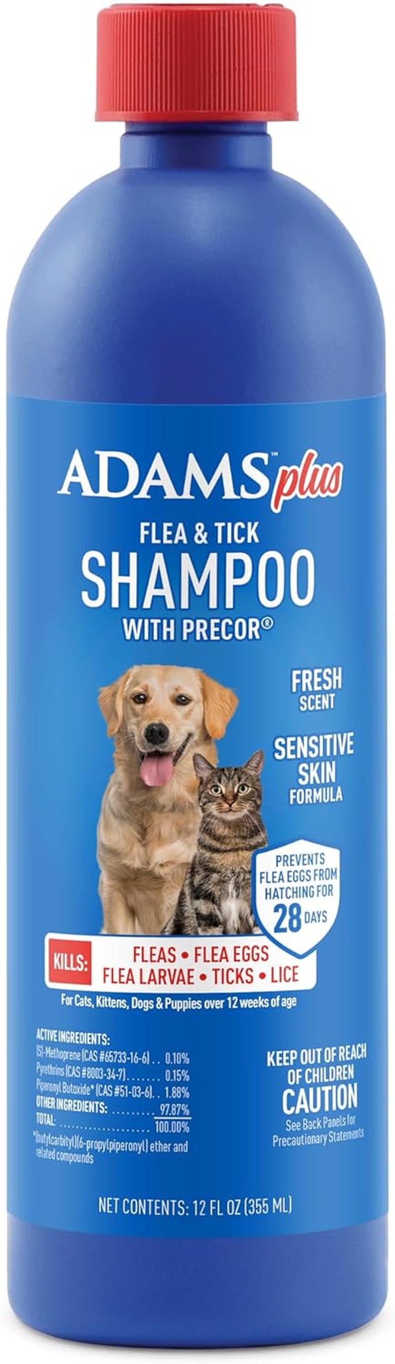 Adams plus Flea & Tick Shampoo with Precor for Cats, Kittens, Dogs & Puppies over 12 Weeks of Age Sensitive Skin Flea Treatment | Kills Adult Fleas, Flea Eggs, Ticks, and Lice| 12 Ounces