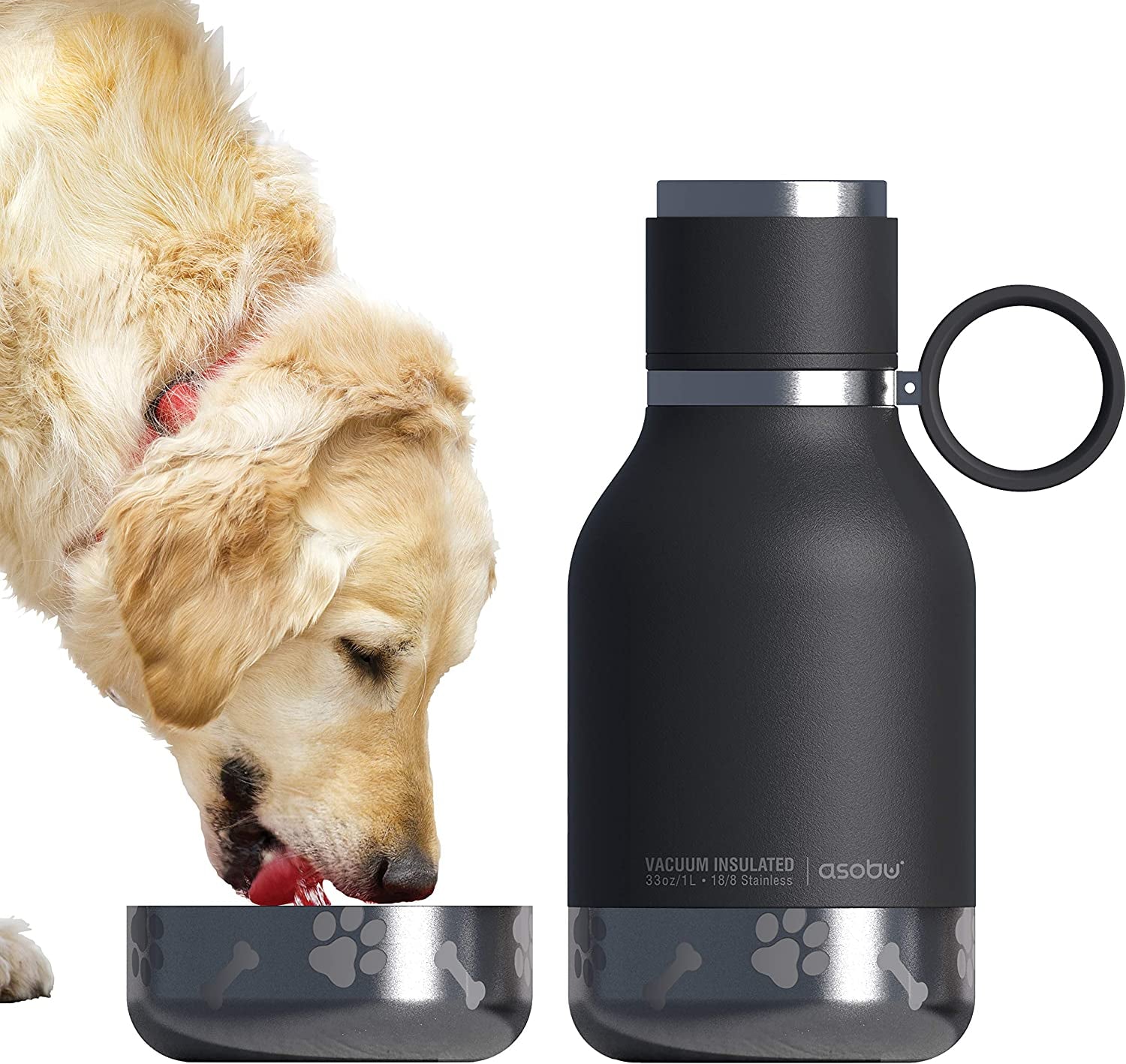 Buddy Bottle a Stainless Steel Insulated Water Bottle for with Removable Dog Water Bowl and Dog Food and Treat Storage Bowl (Burgundy, 37 Oz Water Bottle with Bowl)