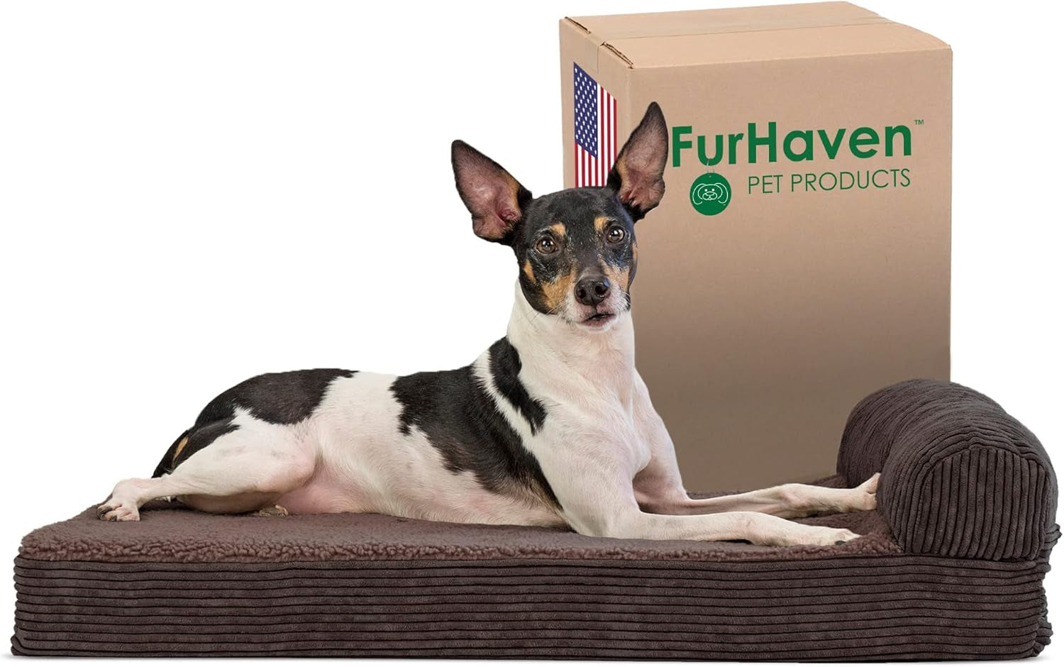 Memory Foam Dog Bed for Large/Medium Dogs W/ Removable Bolster & Washable Cover, for Dogs up to 55 Lbs - Quilted Fleece & Suede Print Bolster Chaise - Espresso, Large