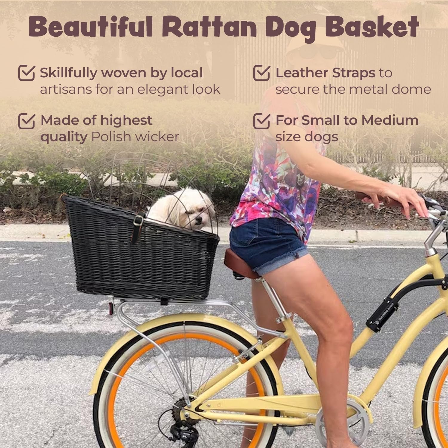 Natural Wicker Dog Bike Basket - 100% Organic Rattan Pet Carrier with Protective Grille - Eco Friendly Design - Soft Cotton Cushion & Mounting Bracket for Secure Bicycle Rear Luggage Rack