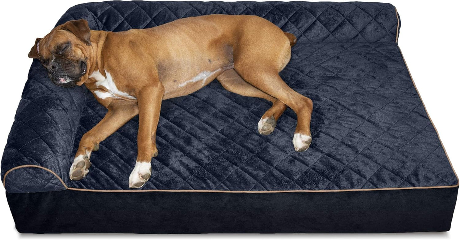 Memory Foam Dog Bed for Large/Medium Dogs W/ Removable Bolster & Washable Cover, for Dogs up to 55 Lbs - Quilted Fleece & Suede Print Bolster Chaise - Espresso, Large