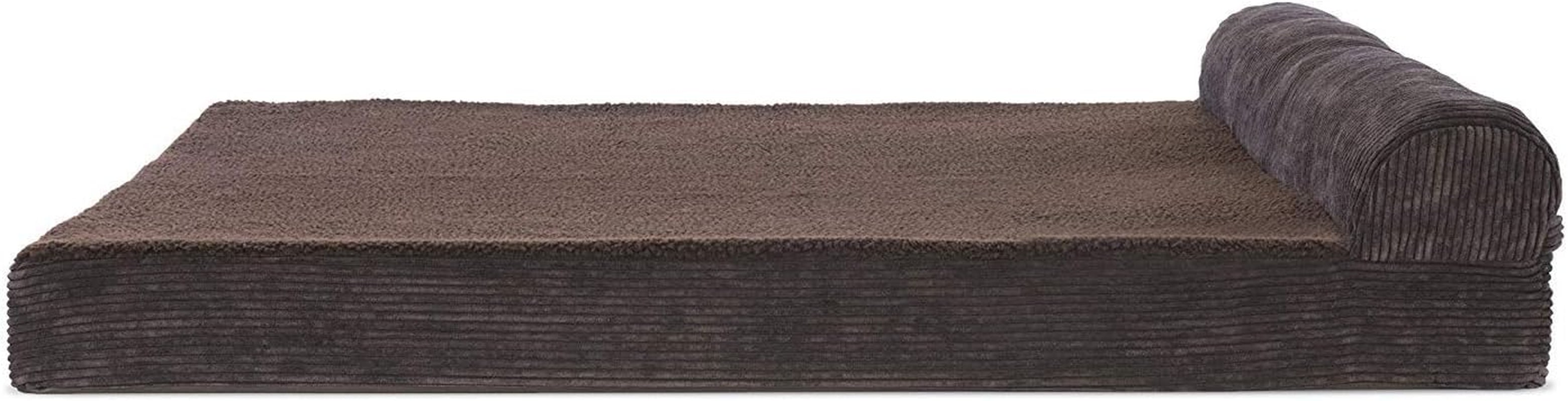 Memory Foam Dog Bed for Large/Medium Dogs W/ Removable Bolster & Washable Cover, for Dogs up to 55 Lbs - Quilted Fleece & Suede Print Bolster Chaise - Espresso, Large