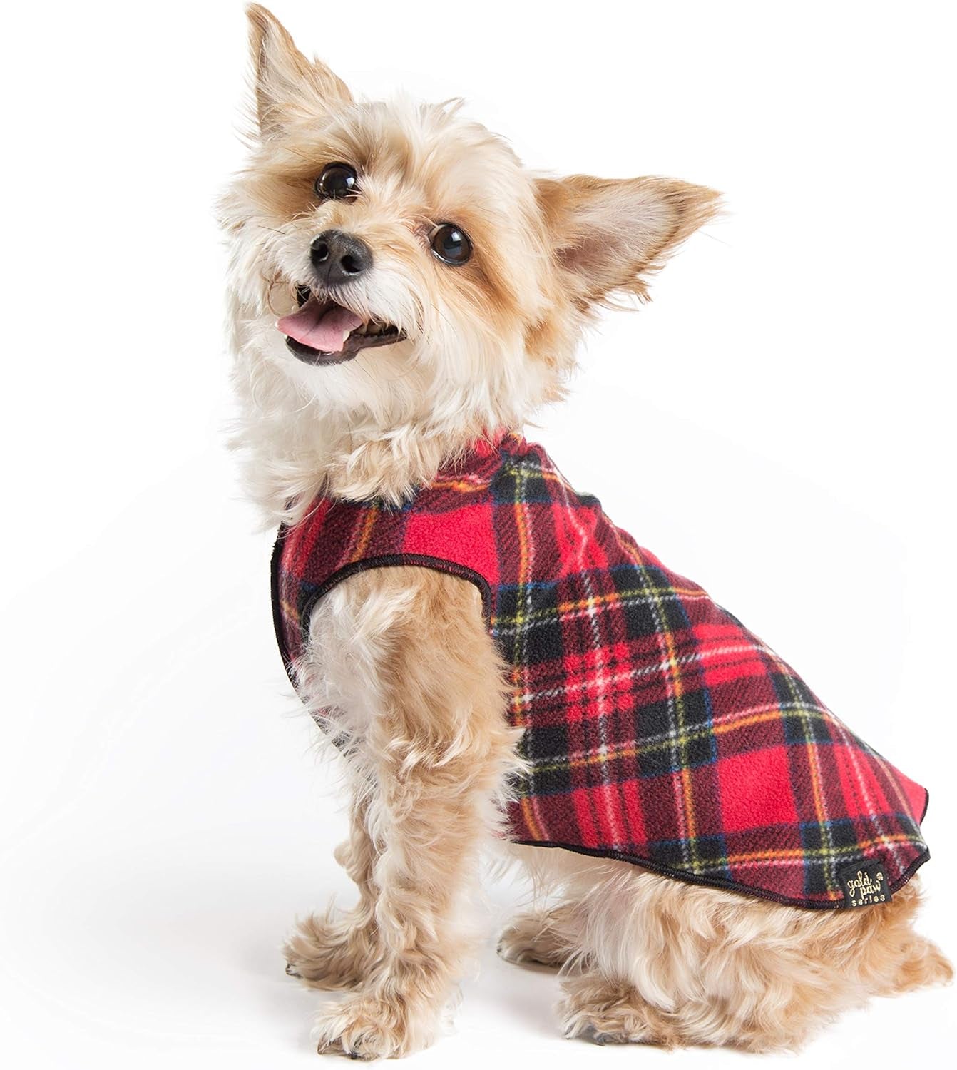 Goldpaw Stretchy Fleece Jacket for Small Dogs - Super Soft, Warm Dog Sweater - Pet Sweater Vest for Fall and Winter - Canine Clothes Made in the USA - Machine Washable - Mulberry Plaid - Size 16