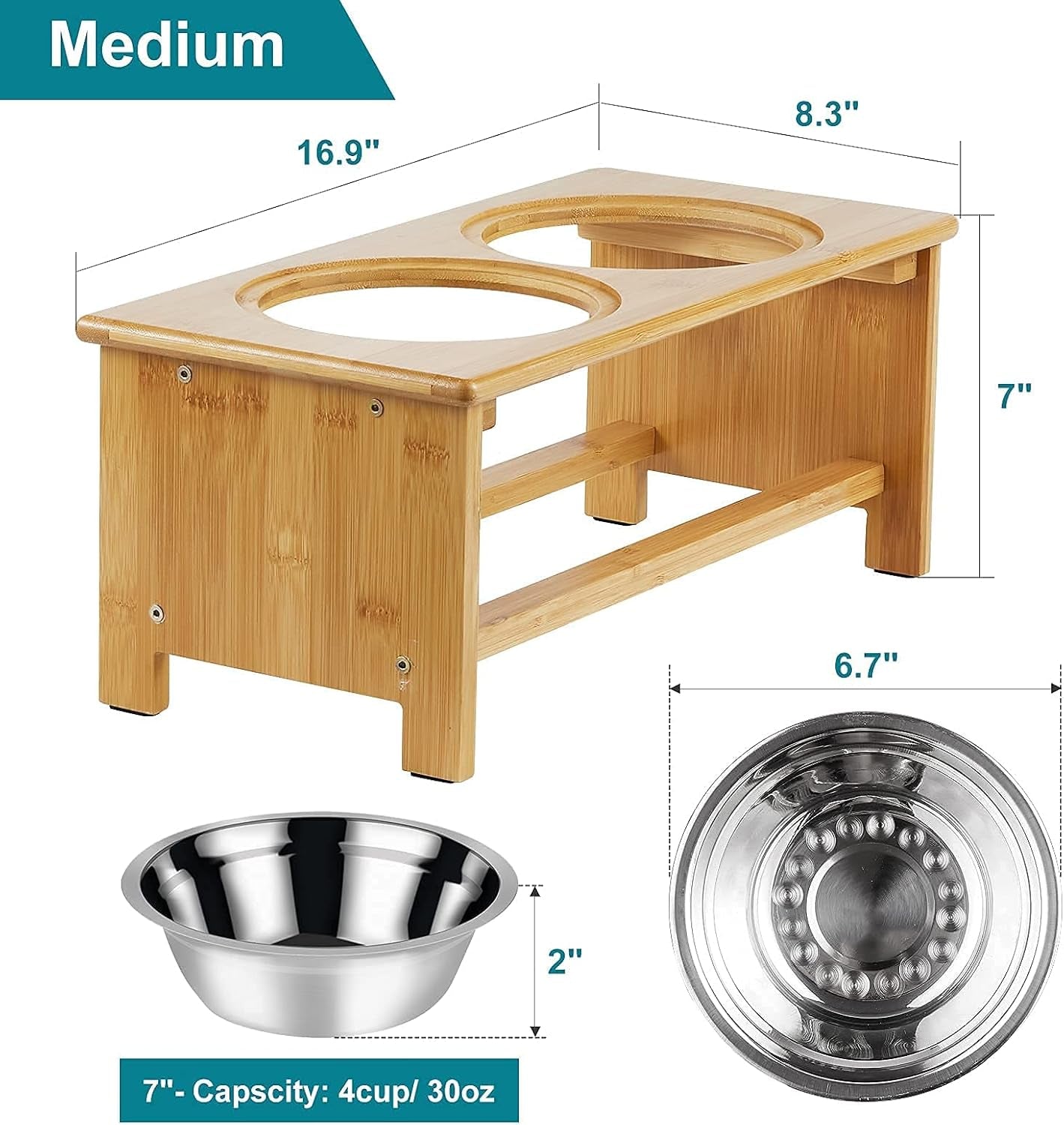 Elevated Dog Bowls for Medium Dog Bowl Stand Bamboo Raised Dog Cat Bowl Food and Water Bowls Elevated Feeder with 2 Stainless Steel Bowls and anti Slip Feet - 4 Sizes for Small to Large Dogs