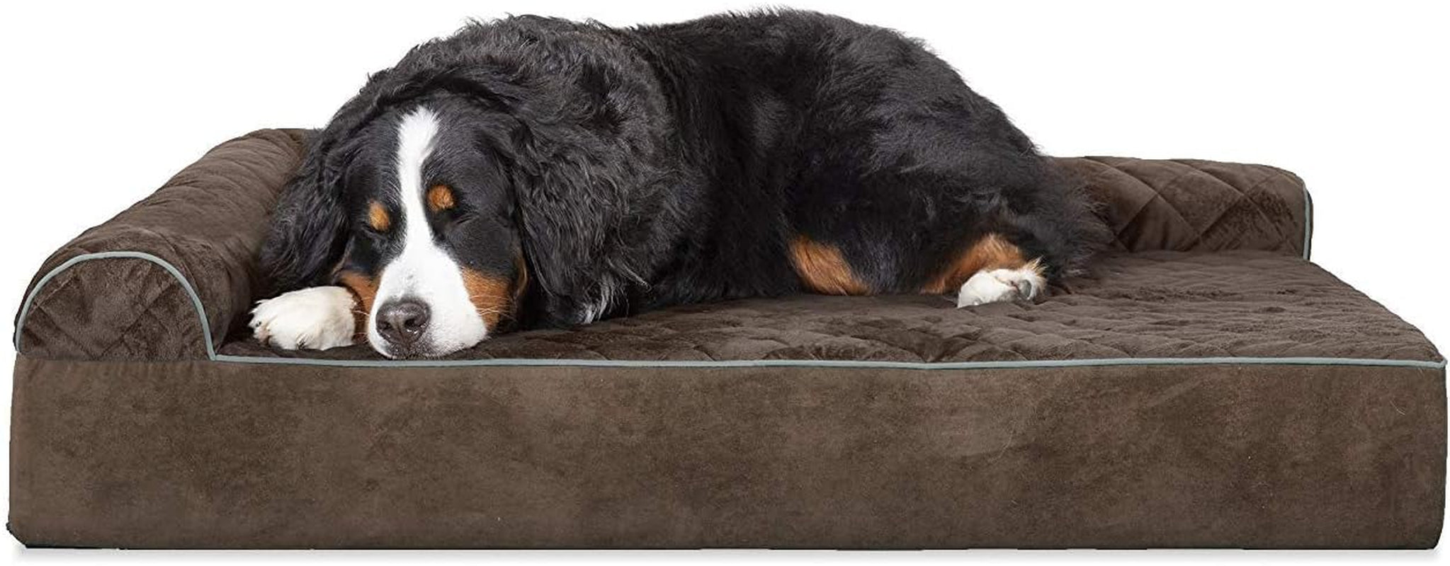 Memory Foam Dog Bed for Large/Medium Dogs W/ Removable Bolster & Washable Cover, for Dogs up to 55 Lbs - Quilted Fleece & Suede Print Bolster Chaise - Espresso, Large