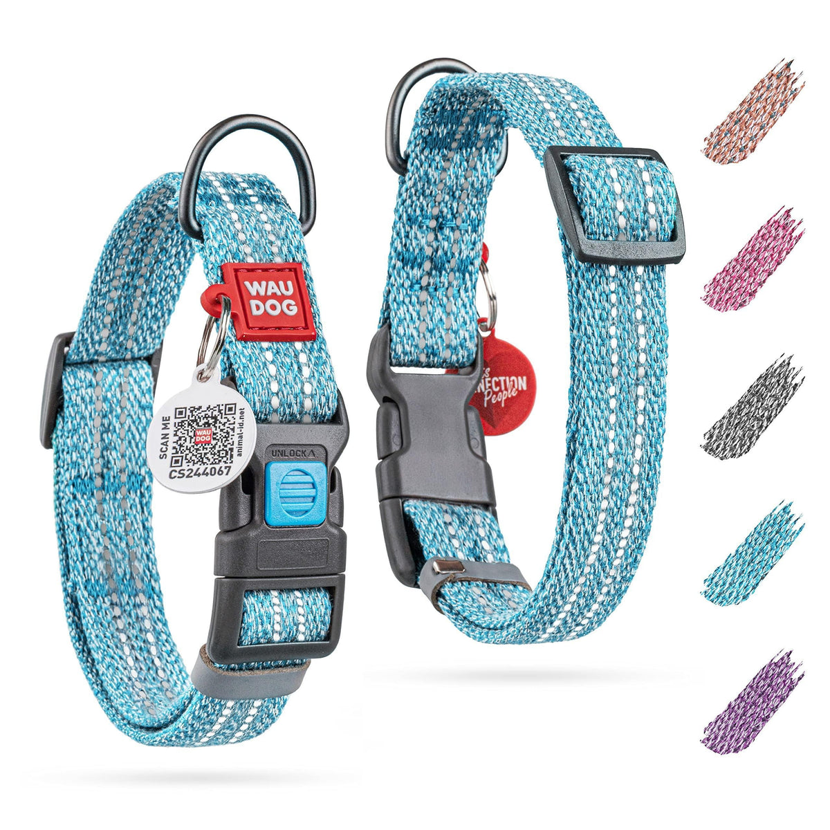 Blue Reflective Cotton Dog Collar Eco Friendly for Medium Dogs 10 -16 Inch Neck
