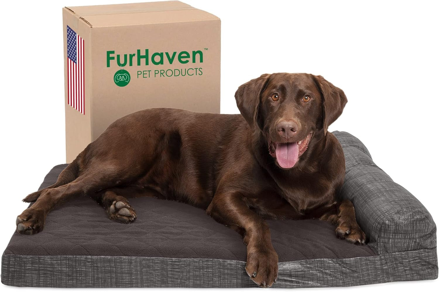 Memory Foam Dog Bed for Large/Medium Dogs W/ Removable Bolster & Washable Cover, for Dogs up to 55 Lbs - Quilted Fleece & Suede Print Bolster Chaise - Espresso, Large