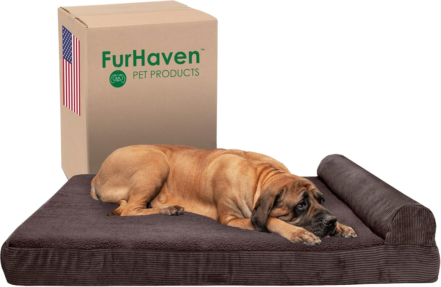 Memory Foam Dog Bed for Large/Medium Dogs W/ Removable Bolster & Washable Cover, for Dogs up to 55 Lbs - Quilted Fleece & Suede Print Bolster Chaise - Espresso, Large