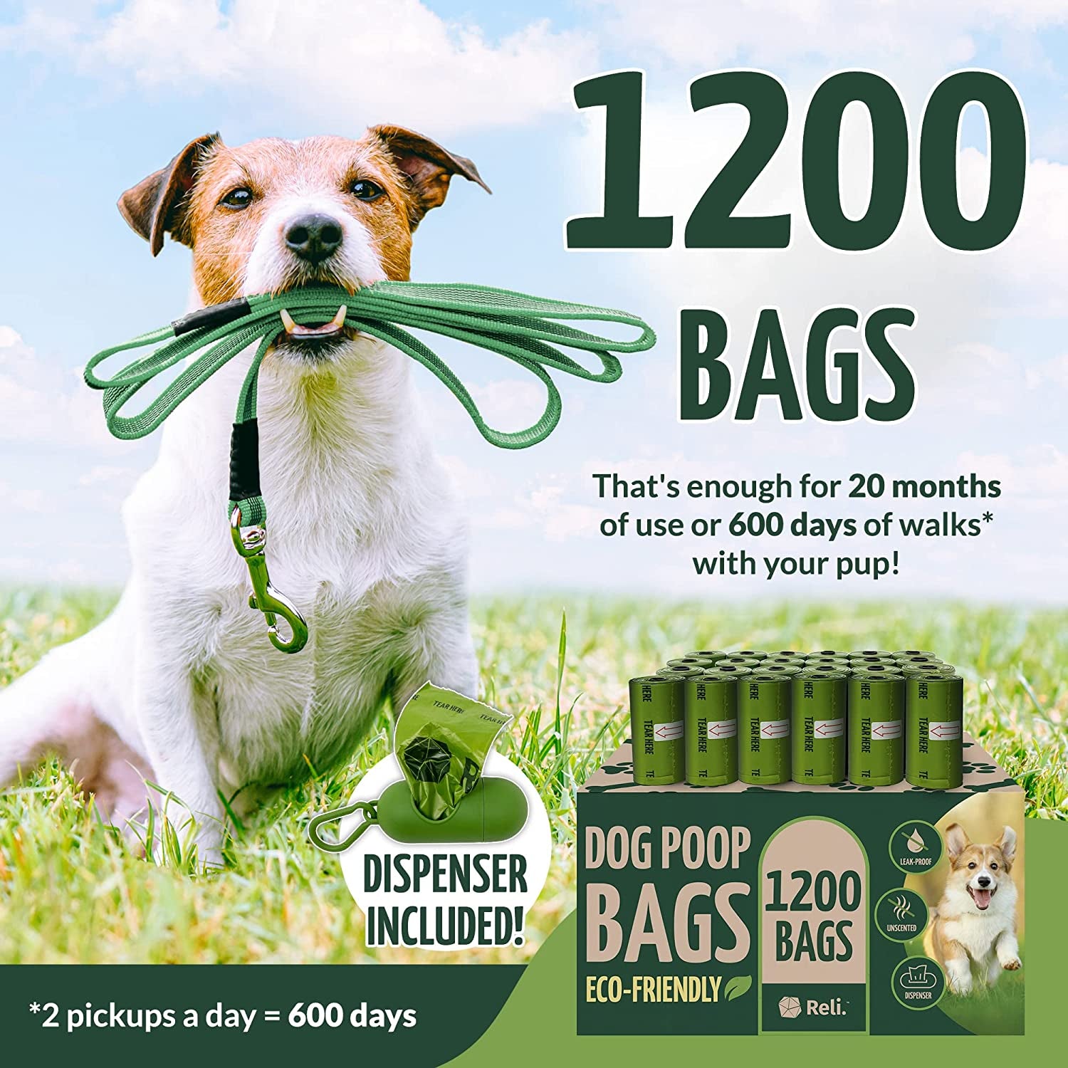 Biodegradable Dog Poop Bags with Holder, 1200 Bags, 9X13", Eco-Friendly