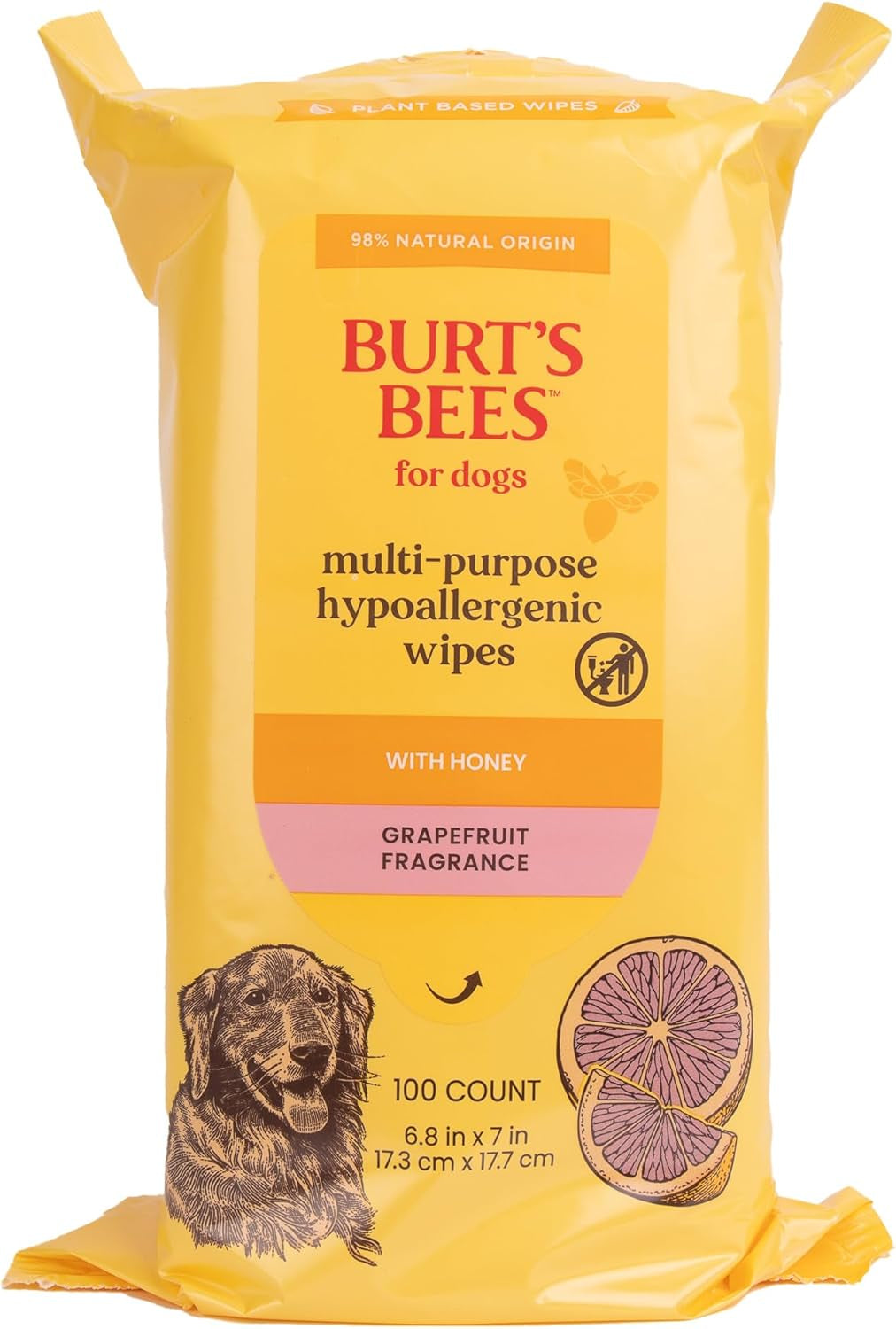 Multipurpose Dog Wipes with Honey, 98% Natural Origin Formulas, Hypoallergenic Dogs Wipe, Canine Cleaning Sheets for Paws and Butt, 3 Pk, 50Ct
