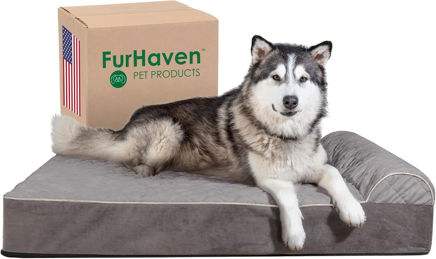 Memory Foam Dog Bed for Large/Medium Dogs W/ Removable Bolster & Washable Cover, for Dogs up to 55 Lbs - Quilted Fleece & Suede Print Bolster Chaise - Espresso, Large