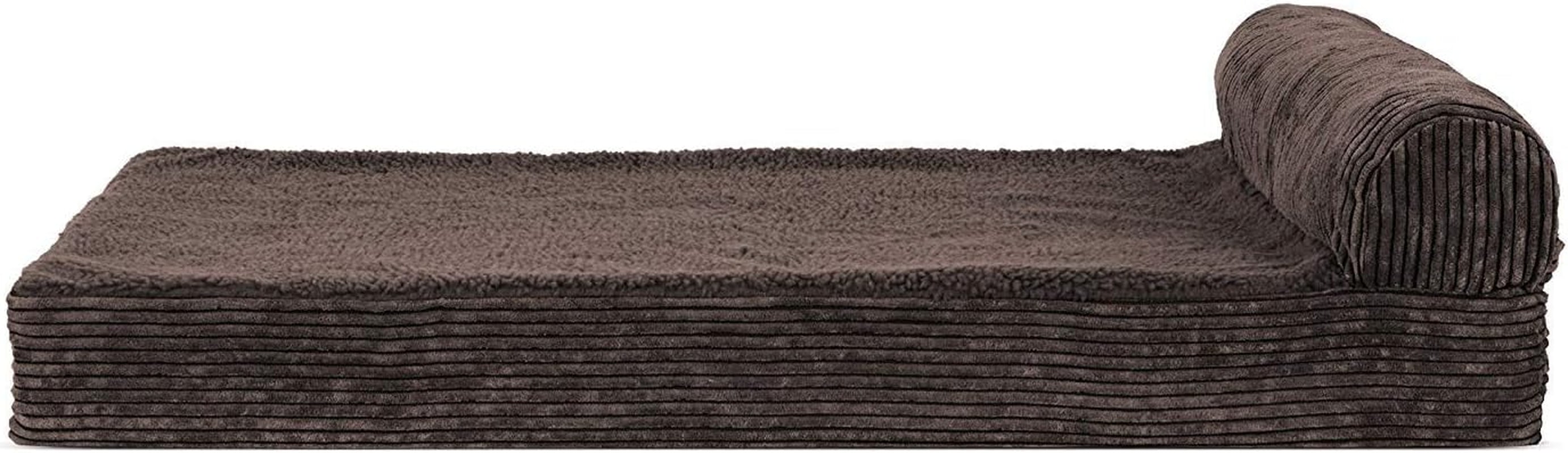 Memory Foam Dog Bed for Large/Medium Dogs W/ Removable Bolster & Washable Cover, for Dogs up to 55 Lbs - Quilted Fleece & Suede Print Bolster Chaise - Espresso, Large