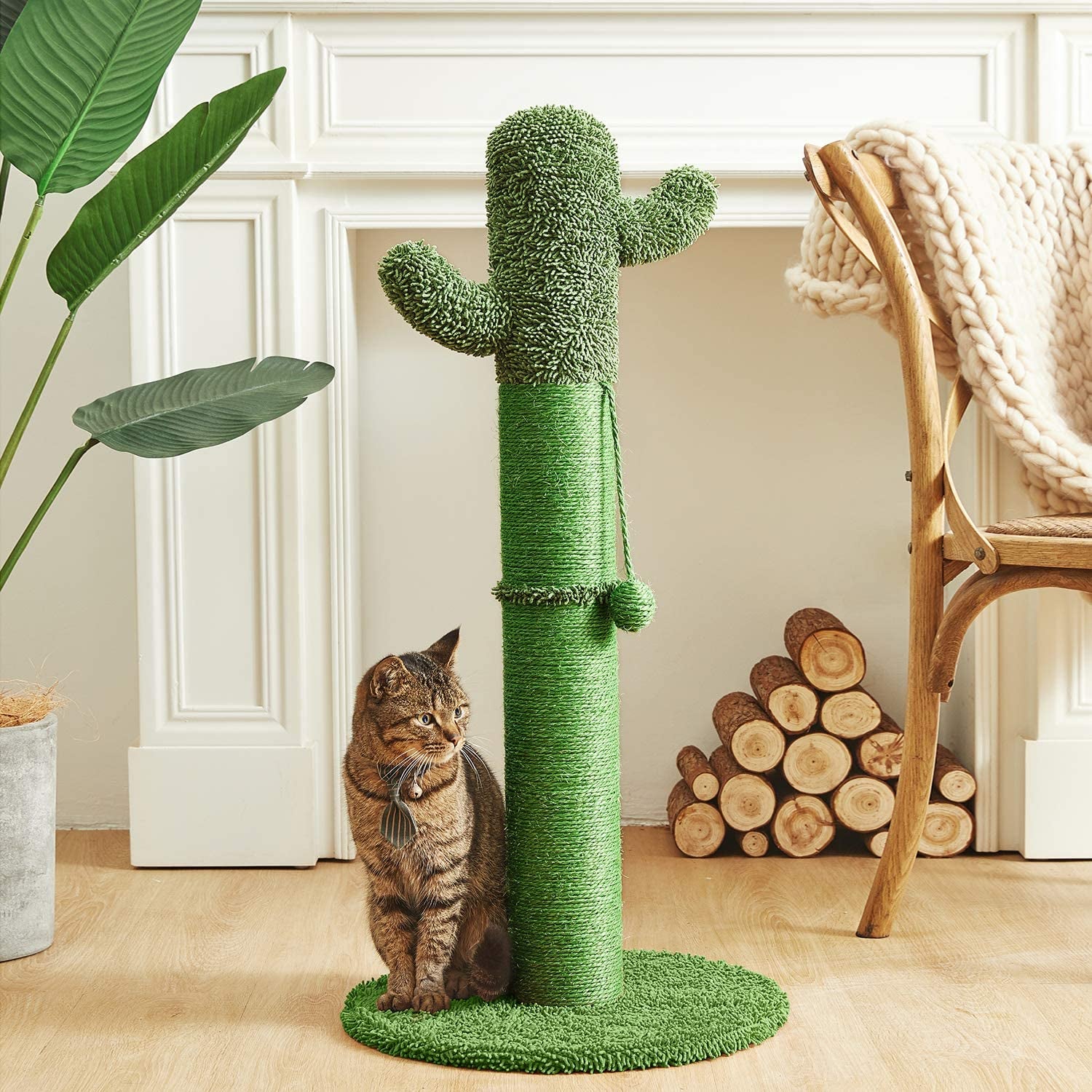34" Cactus Cat Scratching Post with Dangling Ball for Cats Large Version Green