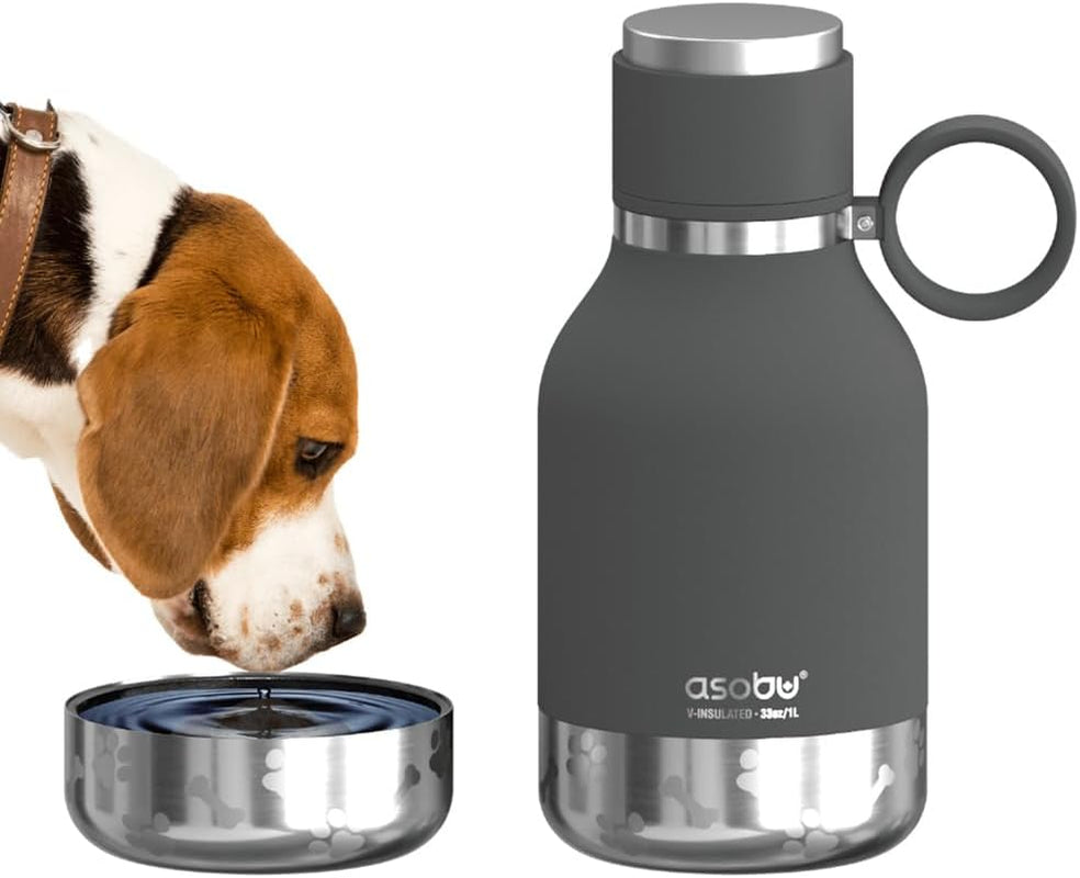 Buddy Bottle a Stainless Steel Insulated Water Bottle for with Removable Dog Water Bowl and Dog Food and Treat Storage Bowl (Burgundy, 37 Oz Water Bottle with Bowl)
